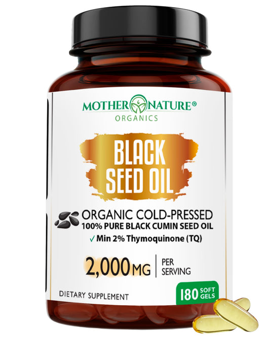 Mother Nature Organics Organic Black Seed Oil Capsules 1000mg – 180ct, 3-Month Supply, Cold-Pressed Nigella Sativa from Turkey
