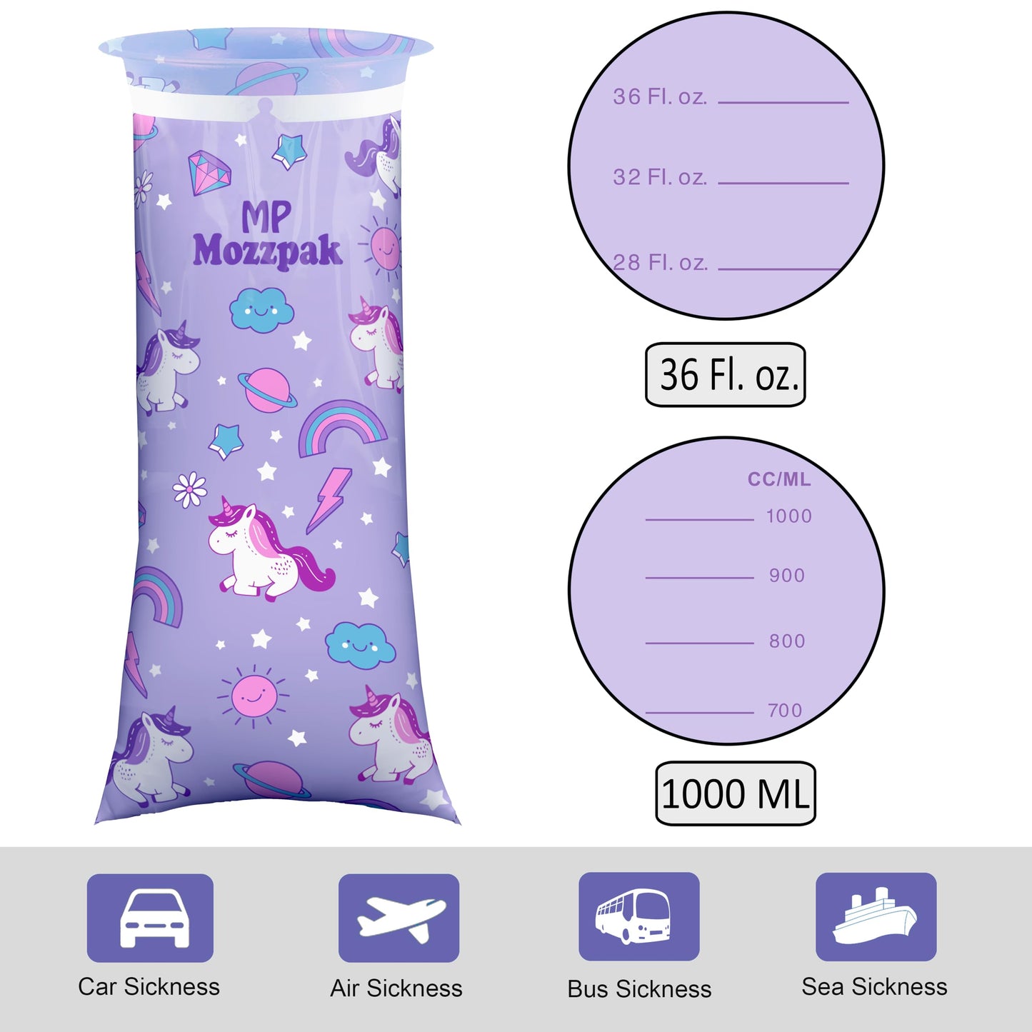 MP MOZZPAK Unicorn Kids Vomit Bags – 15 Pack, Leak-Proof Emesis Bags for Travel