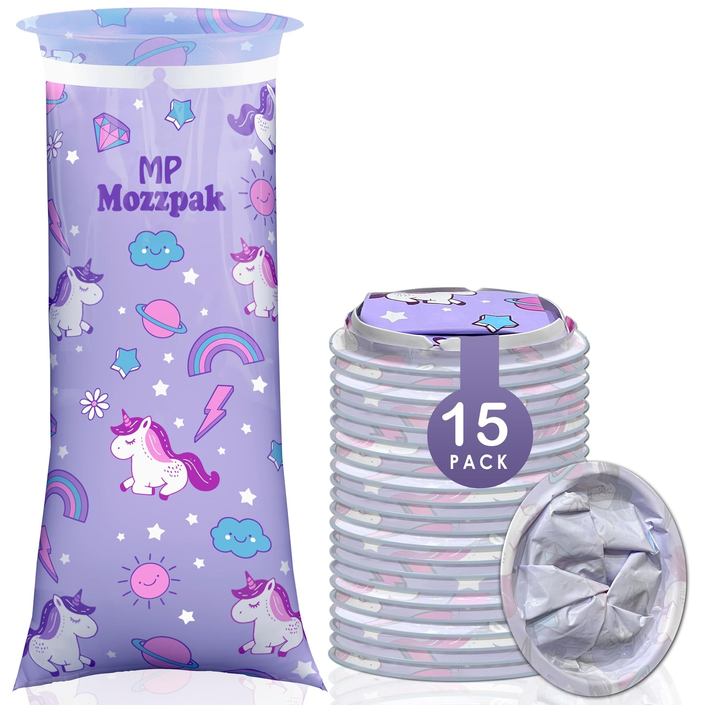 MP MOZZPAK Unicorn Kids Vomit Bags – 15 Pack, Leak-Proof Emesis Bags for Travel