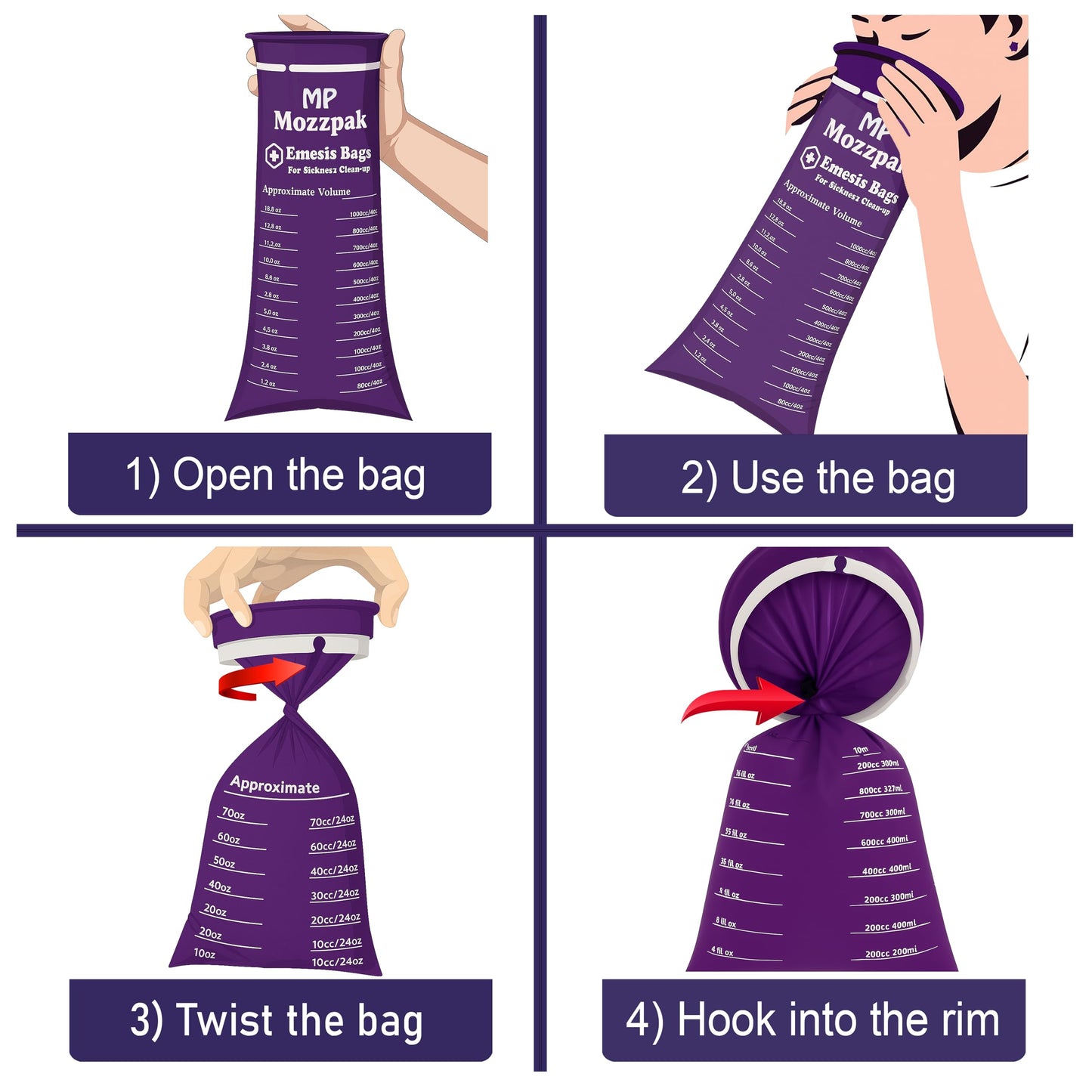 MP Mozzpak Vomit Bags Disposable 15 Pack – 1000ml Medical-Grade Emesis Bags, Leak-Proof Travel Puke Bags