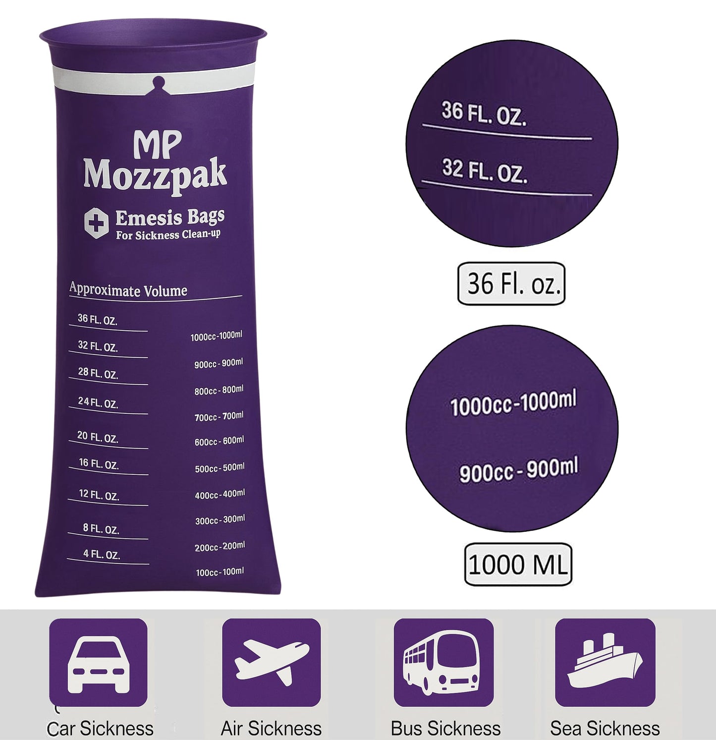 MP Mozzpak Vomit Bags Disposable 15 Pack – 1000ml Medical-Grade Emesis Bags, Leak-Proof Travel Puke Bags