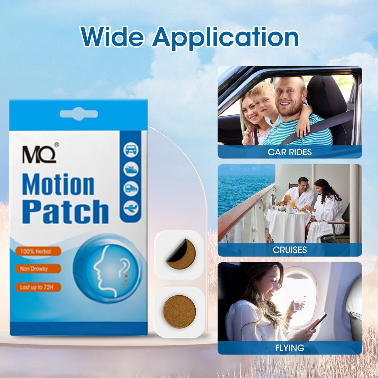 MQ Motion Sickness Patch – 40 Count, Non-Drowsy Behind-Ear Patches for Travel, 72H