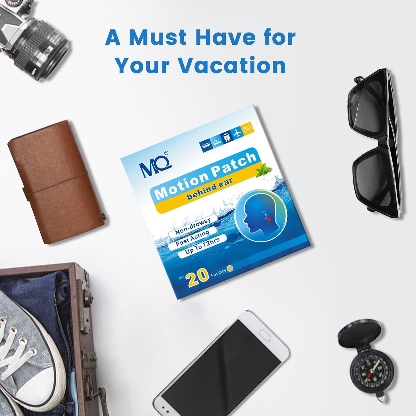 MQ Motion Sickness Patches 20ct – Non-Drowsy, Waterproof, 72H Lasting Travel Patches