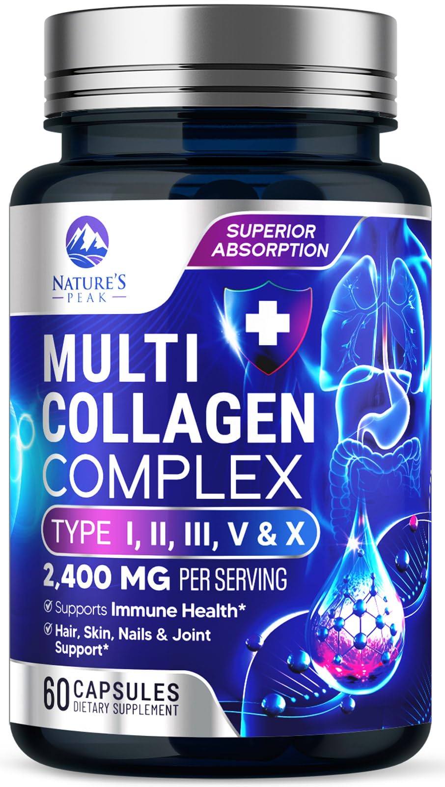 Multi Collagen Peptides – Hair, Skin, Nails | Types I, II, III, V, X | 60 Capsules