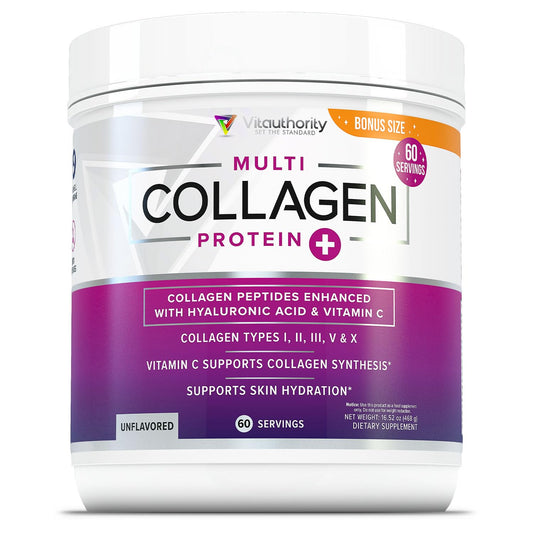 Vitauthority Multi Collagen Peptides for Women – Hydrolyzed, Unflavored Powder with Types I, II, III, V & X, Vitamin C & Hyaluronic Acid | 60 Servings