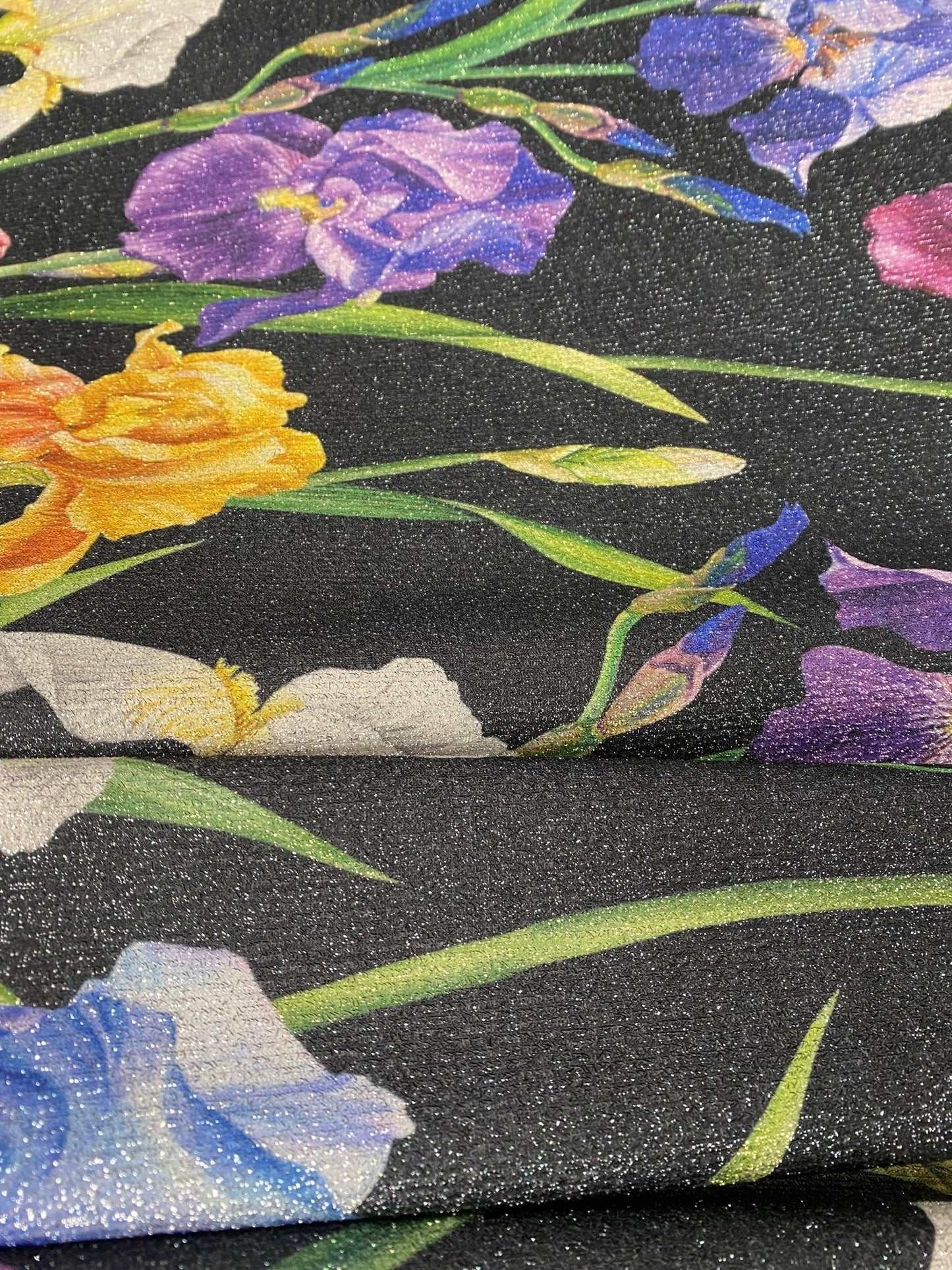 Multicolor Floral Pattern Fabric Big Flowers on Black Background