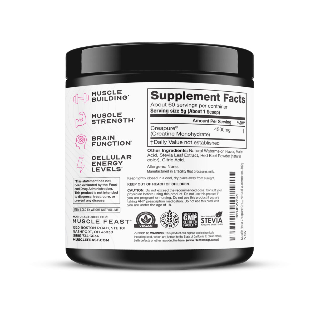 Muscle Feast Creapure Creatine Monohydrate Powder – Natural Watermelon, 60 Servings, 300g