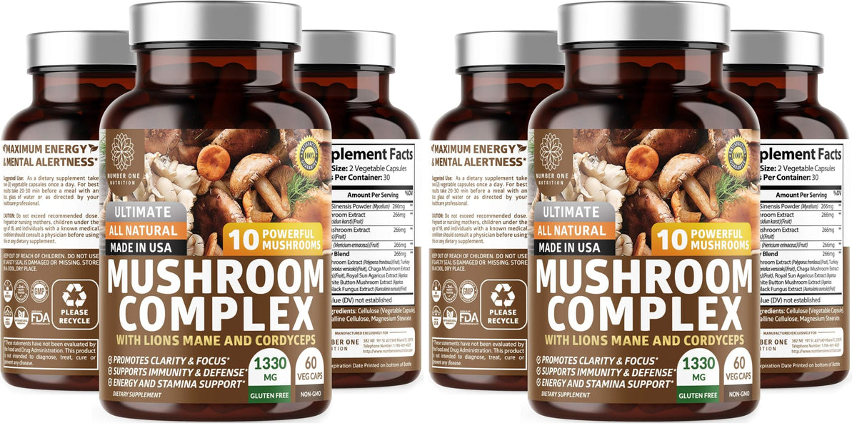 N1N Premium Mushroom Complex: 10x Powerful Mushrooms for Immunity, Brain & Energy - 60 Veg Caps (Pack of 2)