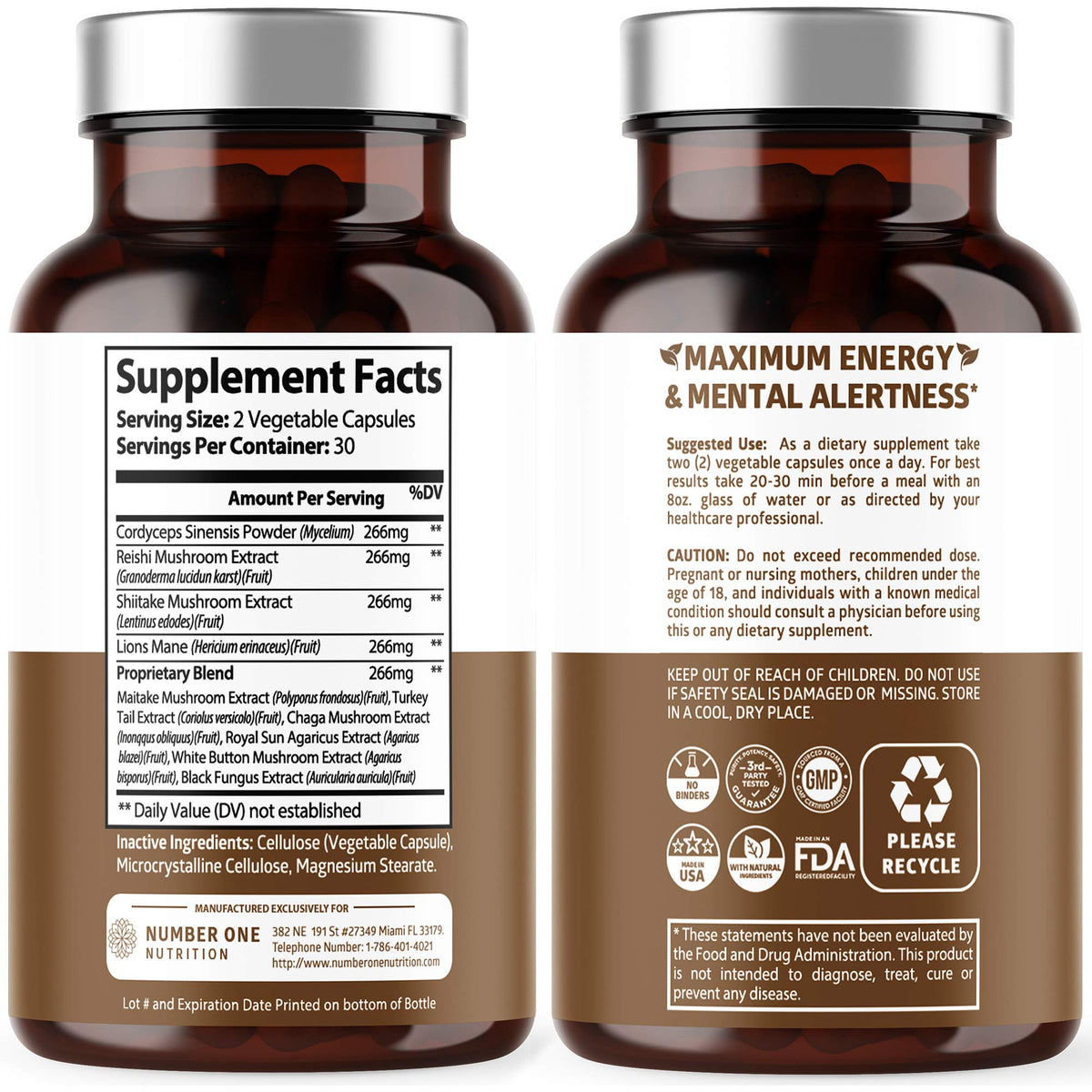 N1N Premium Mushroom Complex: 10x Powerful Mushrooms for Immunity, Brain & Energy - 60 Veg Caps (Pack of 2)