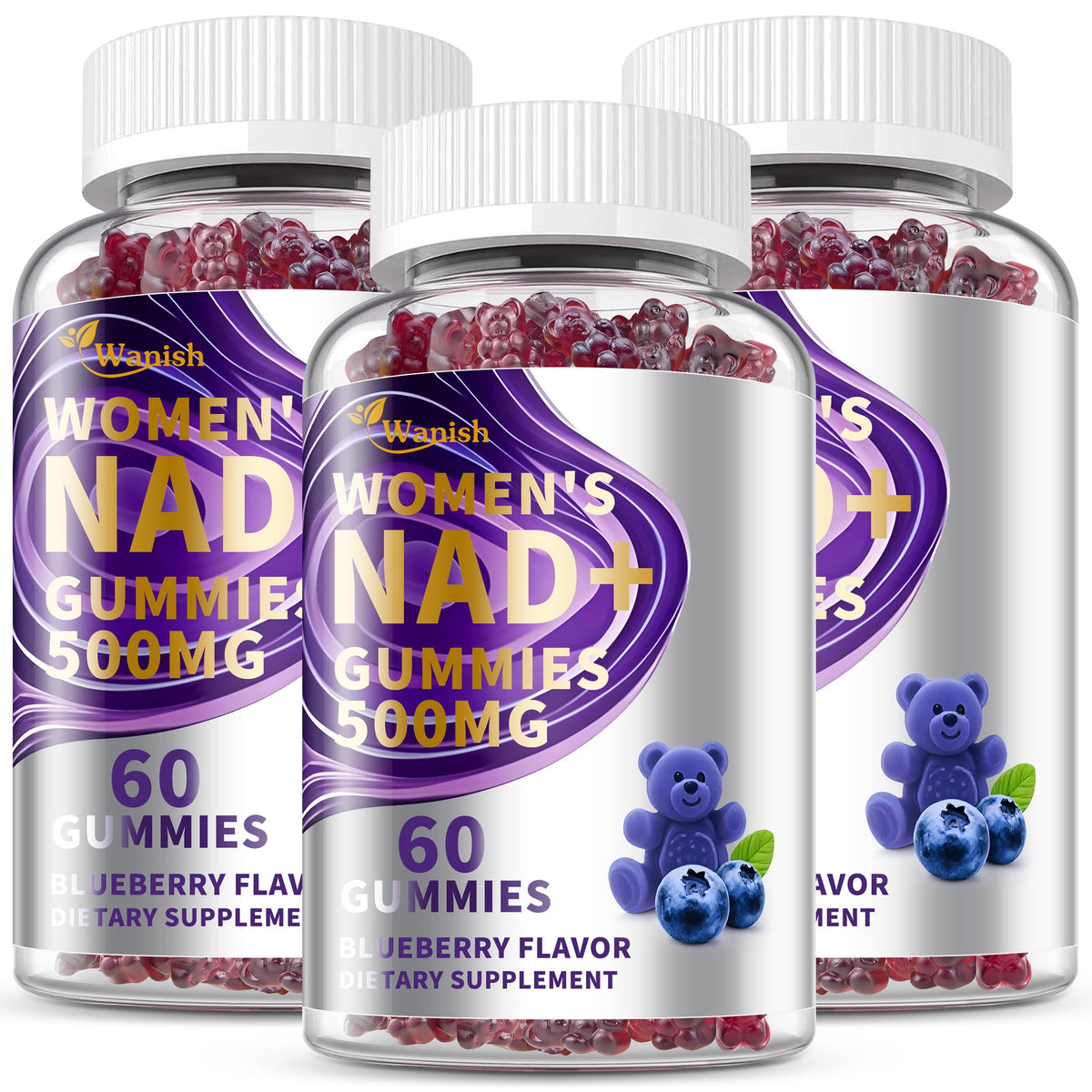 3 Pack NAD Gummies for Women - 500mg NAD, Vegan, Sugar-Free, Blueberry