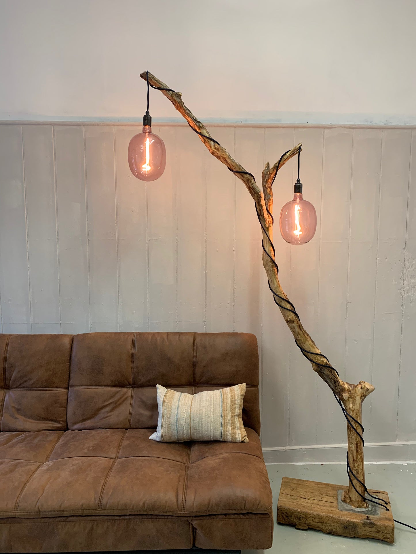 Charlotte – Double-Bulb Branch Floor Lamp with Reclaimed Timber Base
