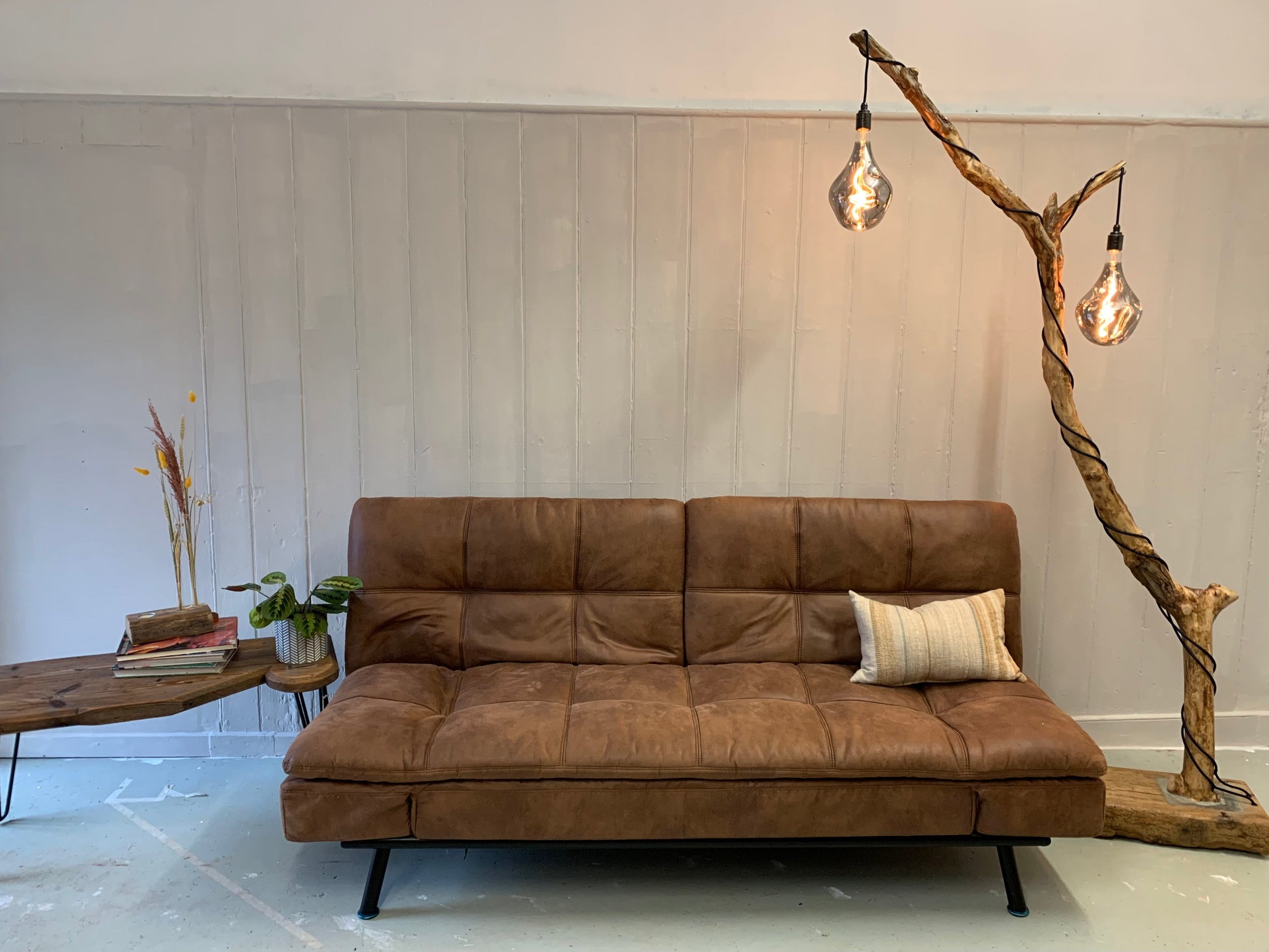 Charlotte – Double-Bulb Branch Floor Lamp with Reclaimed Timber Base