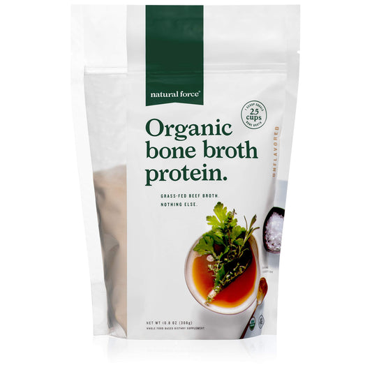 Natural Force Organic Bone Broth Protein Powder – Grass-Fed, Keto Certified, Types I-III Collagen, Unflavored, 10.8 oz