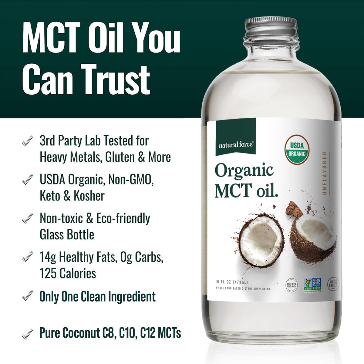 Natural Force Organic MCT Oil – Pure Glass Bottle, 100% Virgin Coconut Oil, Keto, Paleo, Kosher & Vegan