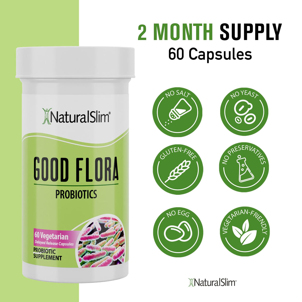 NaturalSlim Good Flora Probiotic - Gentle 7-Strain Digestive Support (60 Veg Caps, 3-Pack)