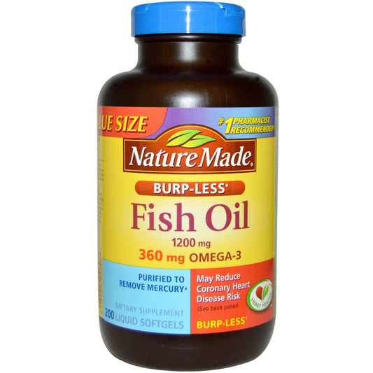 Nature Made Burp-Less Fish Oil 1200 mg — 360 mg Omega-3 per Softgel, Pack of 2 (200 ea)
