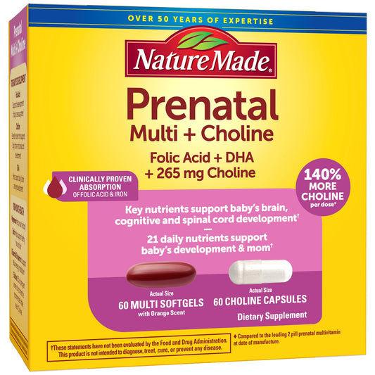 Nature Made Prenatal Vitamin Softgels + Choline Capsules – 60 Day Supply, Folic Acid + DHA
