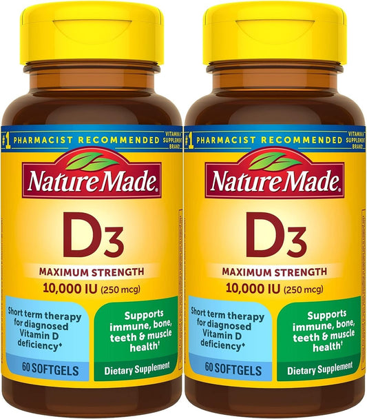 Nature Made Vitamin D3 10000 IU Softgels – Pack of 2 (60 Softgels each) | Bone, Teeth, Muscle & Immune Health