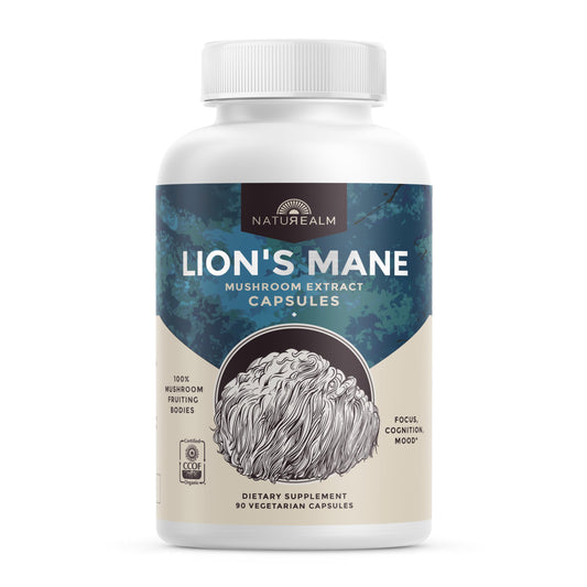 Naturealm Lions Mane Mushroom Supplement – Organic Brain Support, Focus & Memory | 90 Vegetarian Capsules