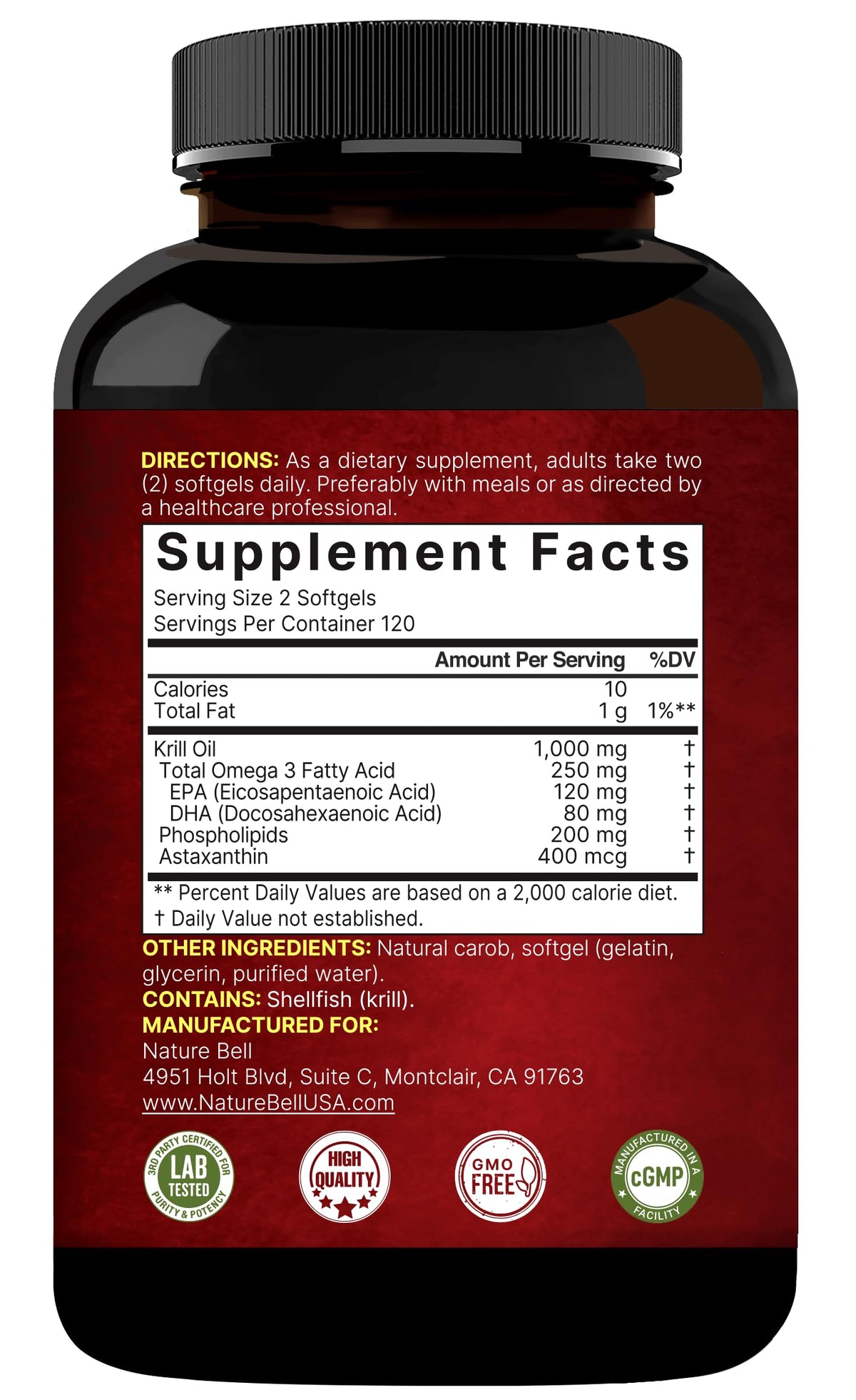 NatureBell Antarctic Krill Oil 1000mg | 240 Softgels | Omega-3 EPA & DHA | No Aftertaste