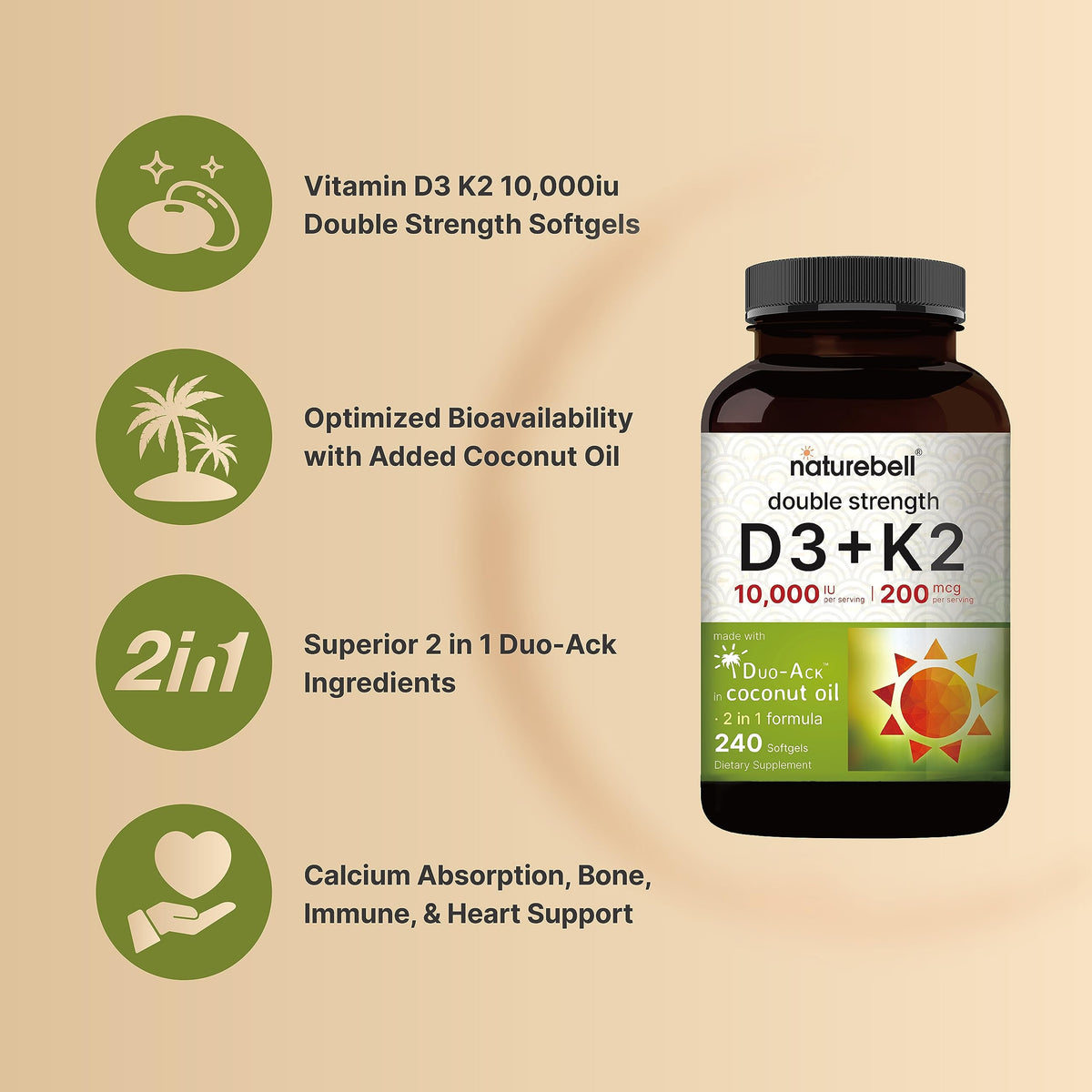 NatureBell Vitamin D3 10,000 IU + K2 200 mcg (MK-7) - 240 Softgels, Coconut Oil, Non-GMO