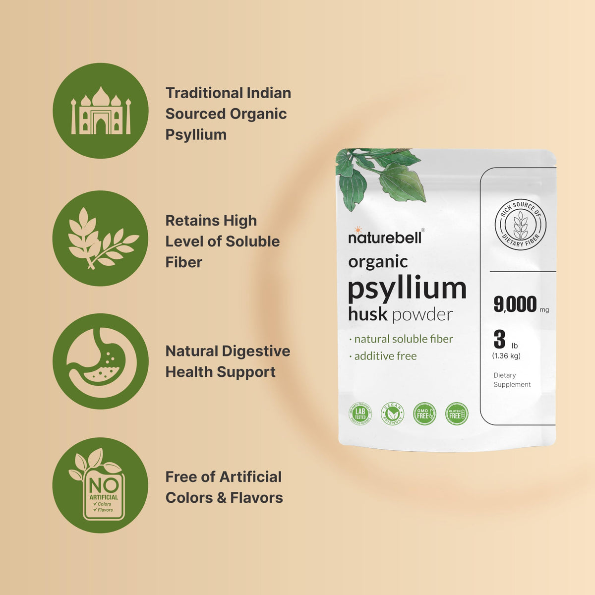 NatureBell Psyllium Husk Fiber Powder – 9,000mg per Serving, 3lb (48oz) – Organic Soluble Fiber for Digestive & Gut Health, Plant-Based, Unflavored, Non-GMO, Gluten-Free