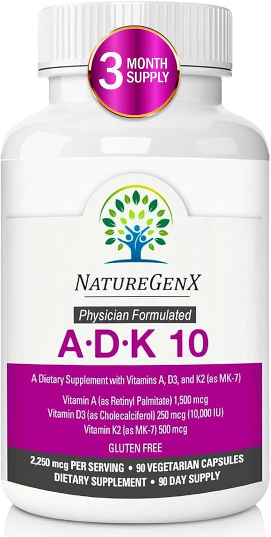 NatureGenX ADK10 – High Potency Vitamin ADK (D3 10,000 IU, K2 MK-7) | Bone, Immune & Heart Support | 90 Capsules