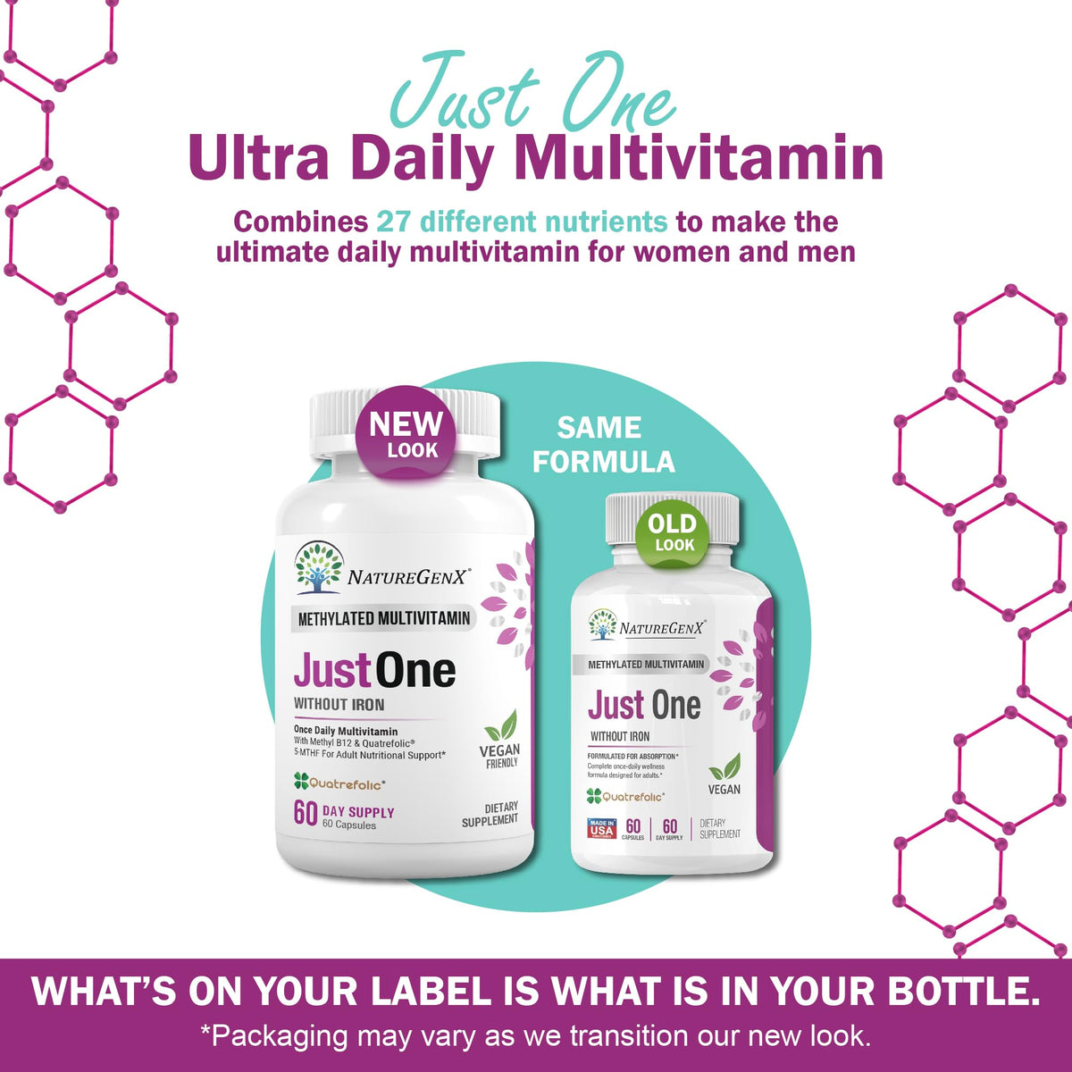 NatureGenX Just One Daily Methylated Multivitamin - 60 Caps, 2-Month Supply, Iron-Free, MTHFR Support, Gluten Free