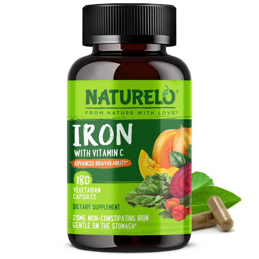 NATURELO Vegan Iron Supplement with Vitamin C | Gentle Ferrous Bisglycinate