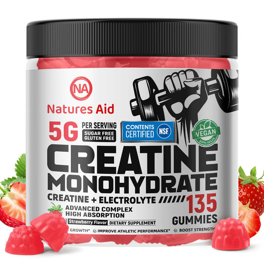 Natures Aid Creatine Monohydrate Gummies (5g) – Pre-Workout Energy & Muscle Growth Support (Strawberry Electrolyte, 135 Count)