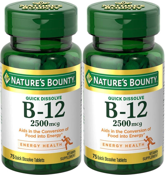 Natures Bounty Vitamin B-12 Quick Dissolve 2500 mcg Cherry | 2 Pack (150 tablets)
