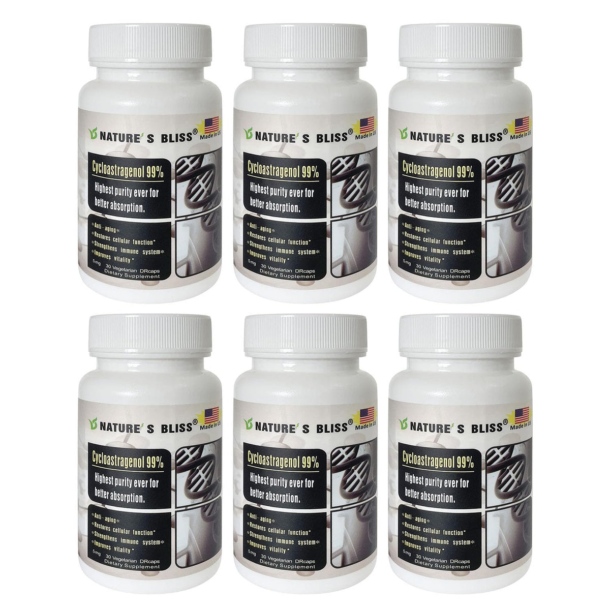 Nature'sbliss Cycloastragenol 99% - Stomach Acid Protected, Made in USA, 5mg, 180 Caps