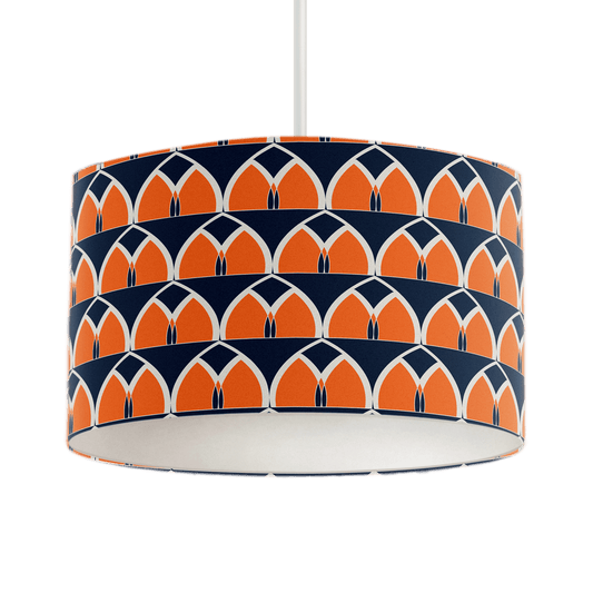 Navy Blue and Orange Drum Lampshade, Retro Geometric Arches Design Shade for Table, Floor or Ceiling Pendant Light