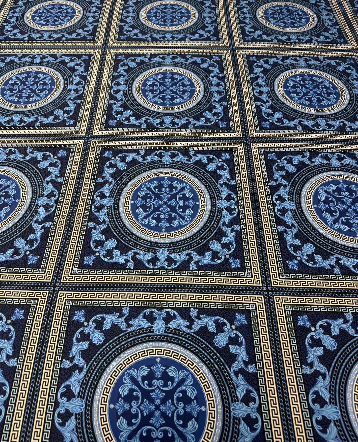 Navy Blue Baroque Greek Key Fabric By Metre