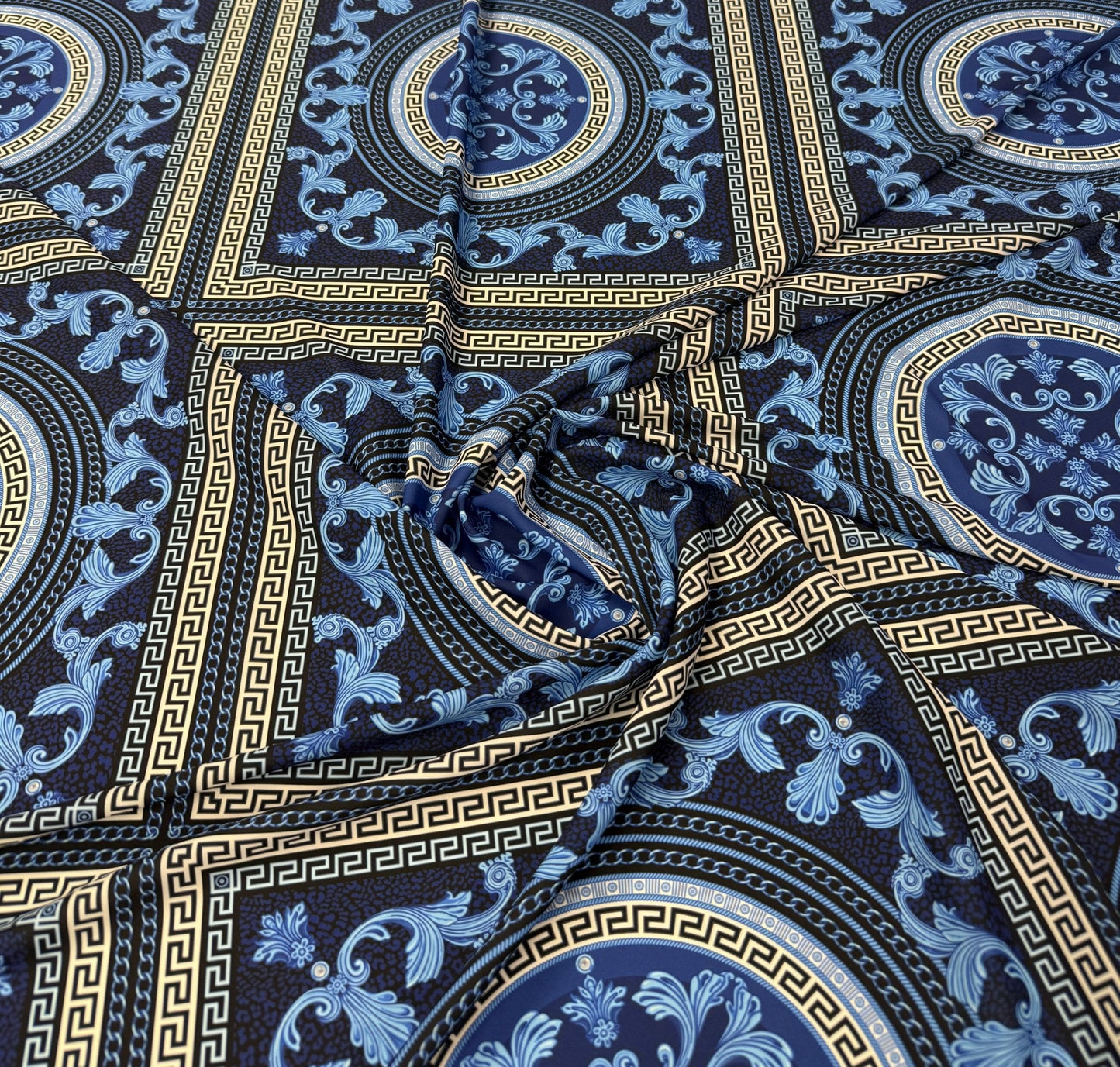 Navy Blue Baroque Greek Key Fabric By Metre