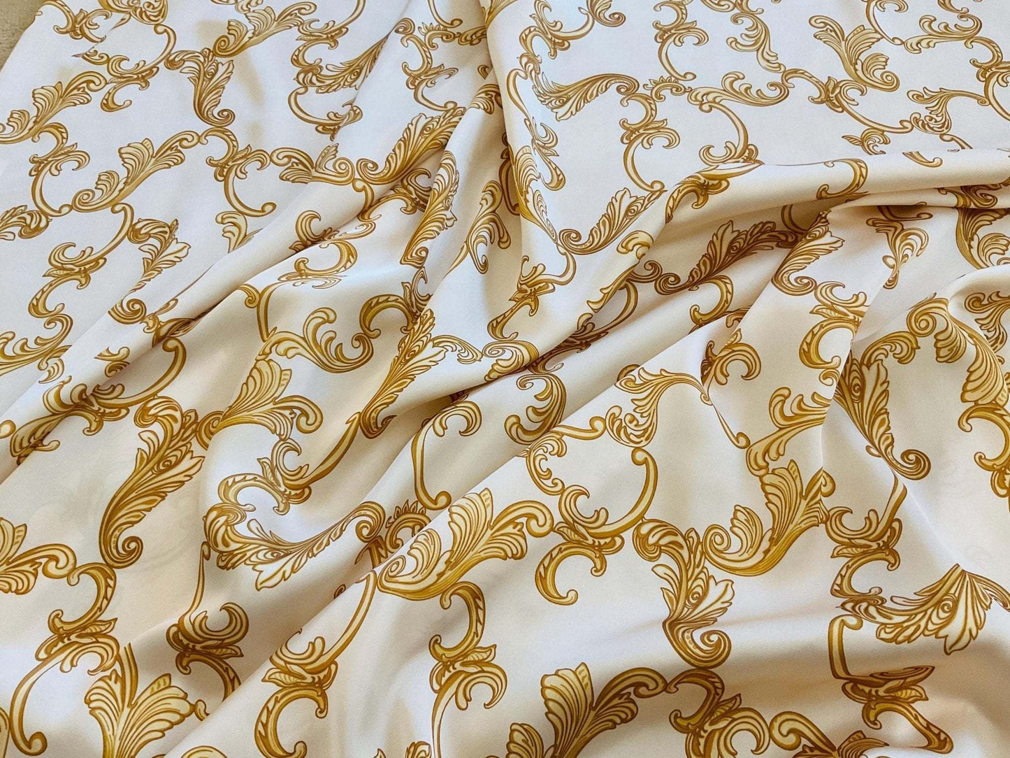 Baroque Scroll Print Gold Cream Fabric by the Metre