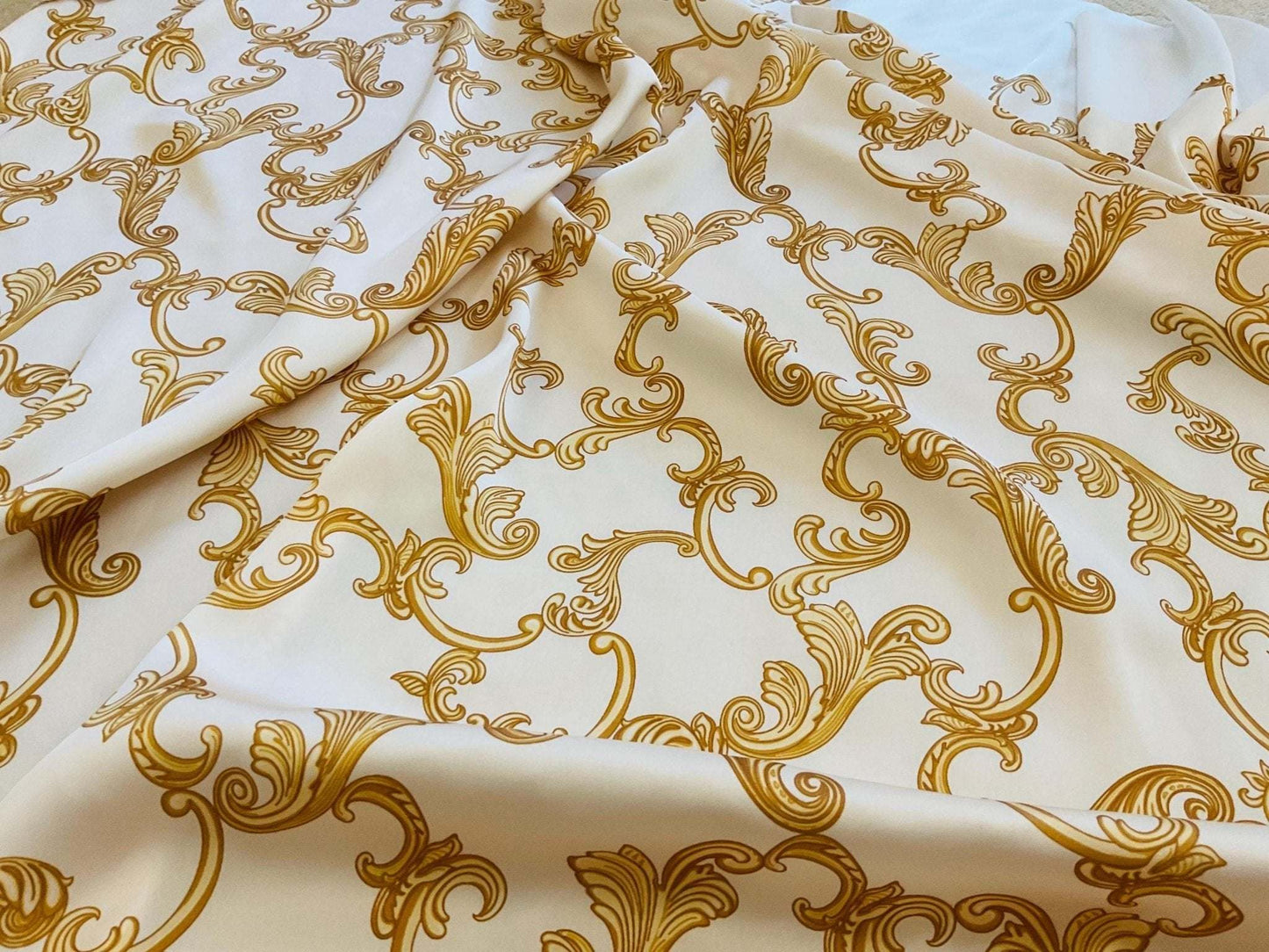 Baroque Scroll Print Gold Cream Fabric by the Metre