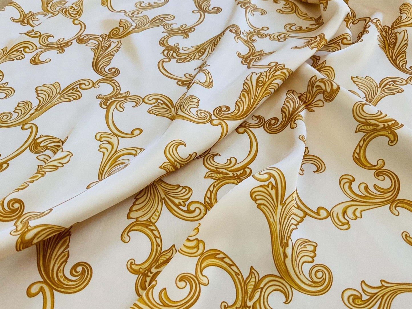 Baroque Scroll Print Gold Cream Fabric by the Metre