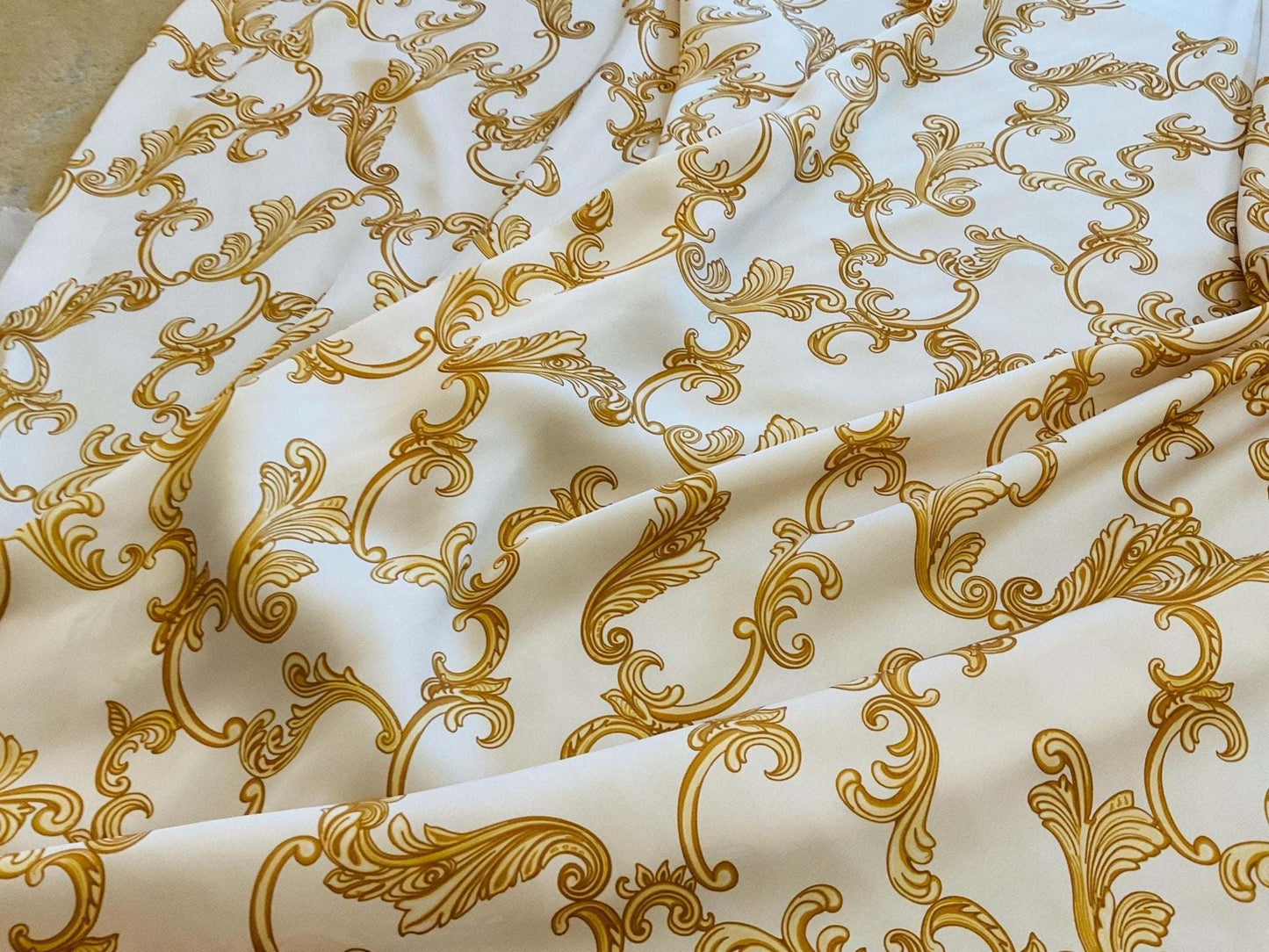 Baroque Scroll Print Gold Cream Fabric by the Metre