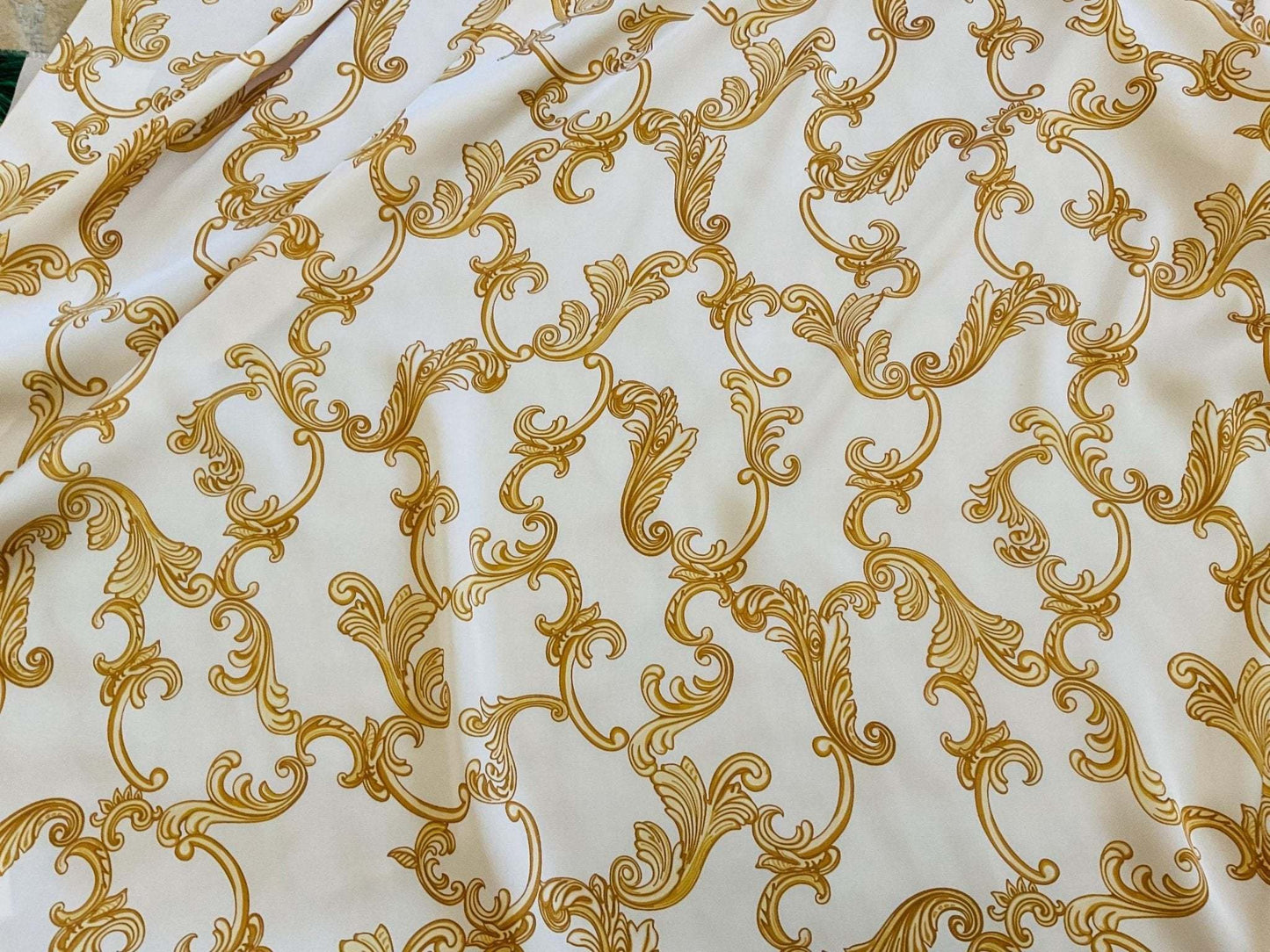 Baroque Scroll Print Gold Cream Fabric by the Metre