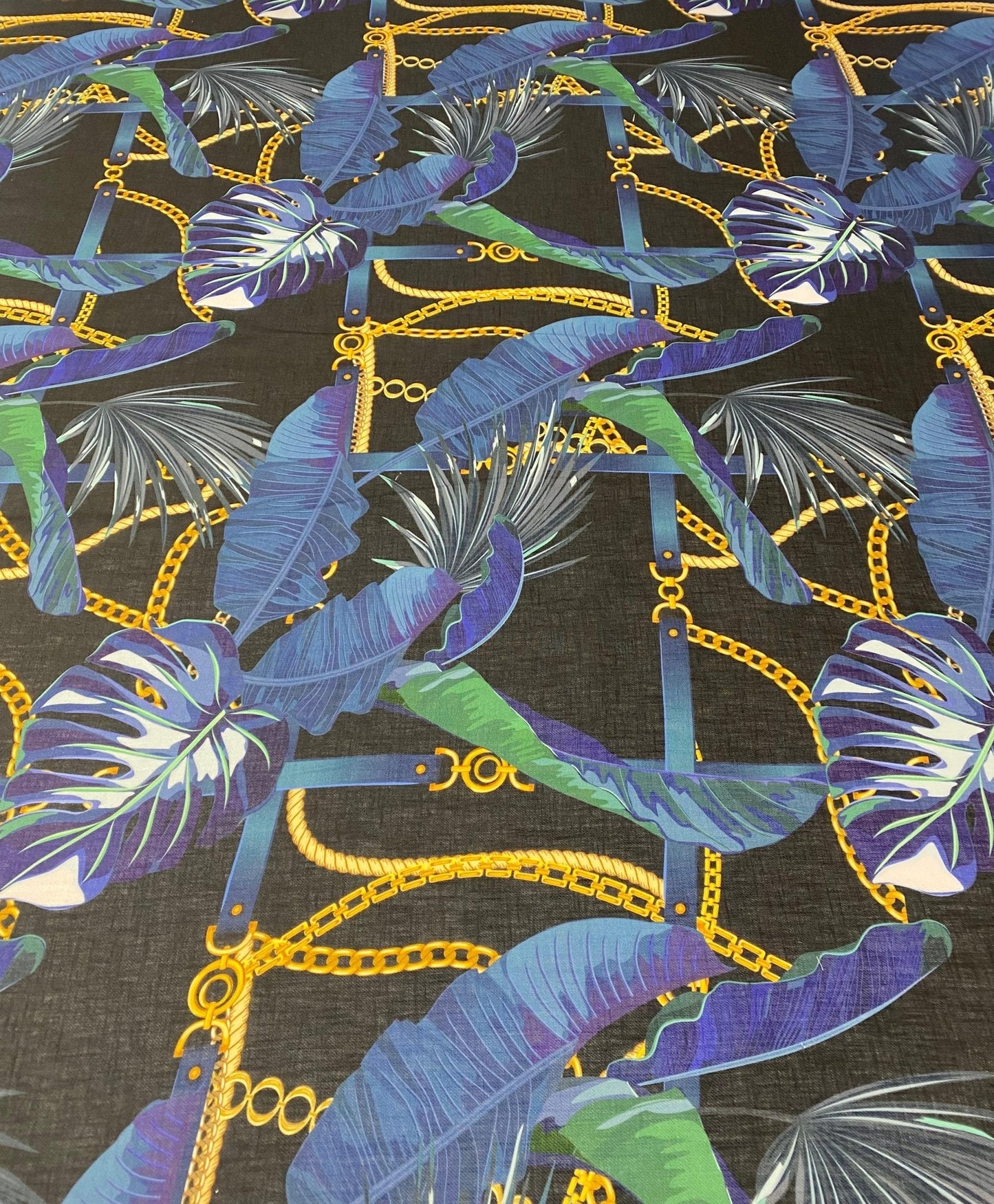 Navy Blue Leaf Chain Pattern Fabric by Metre