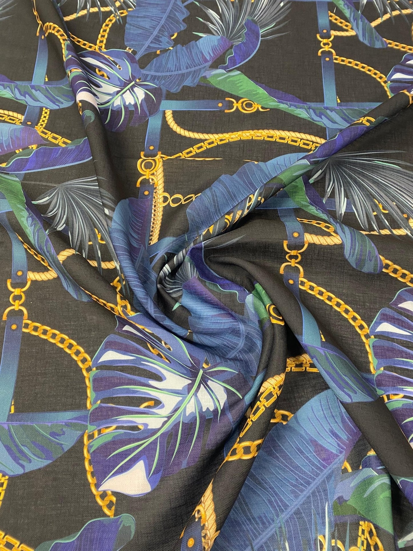 Navy Blue Leaf Chain Pattern Fabric by Metre