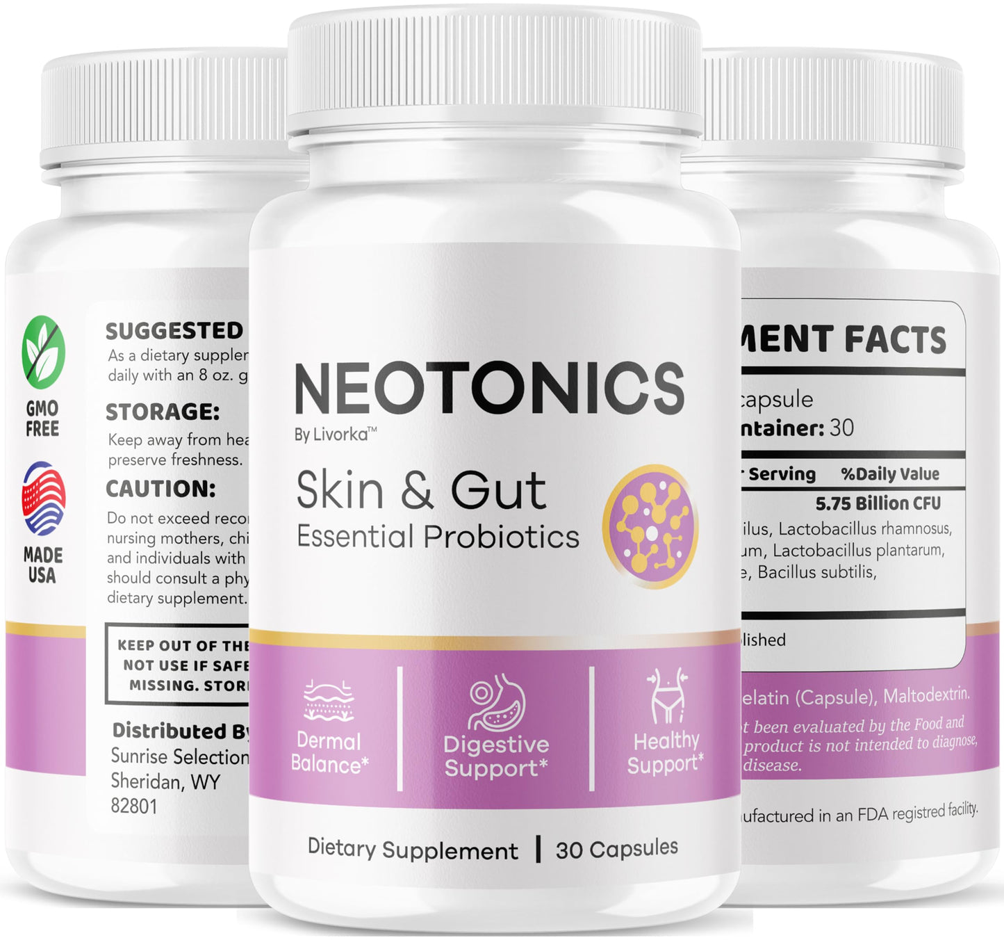 Neotonics Capsules – Official Skin & Gut Probiotics, 30-Capsule 1-Month Formula