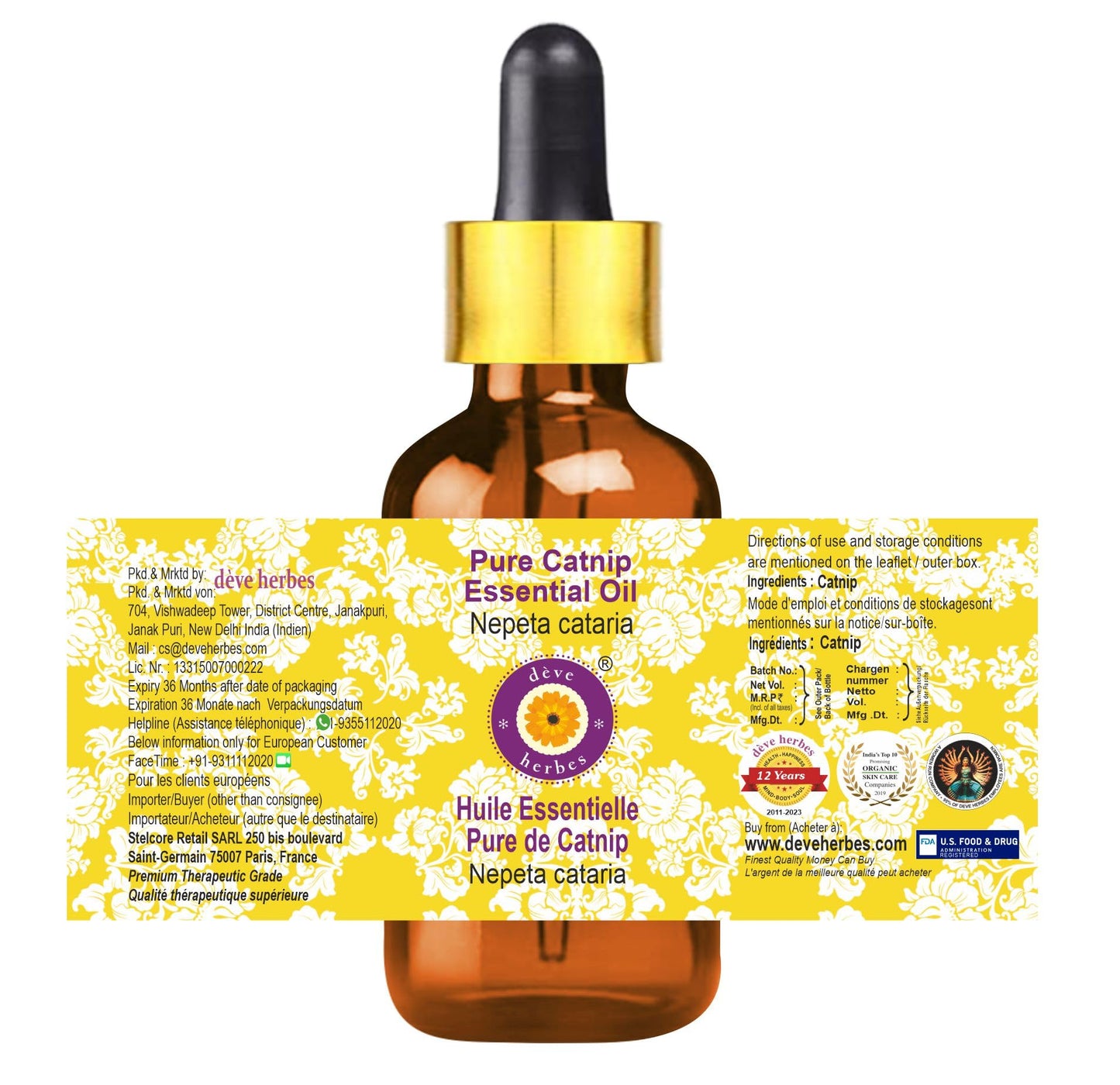Deve Herbes Catnip Essential Oil 100ml | Steam Distilled Nepeta cataria in Amber Glass Bottle