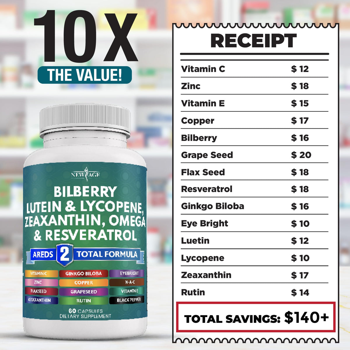 NEW AGE Eye Health Vitamins with Bilberry 300mg Lutein & Zeaxanthin 40mg Lycopene 40mg Resveratrol 100mg Grape Seed Extract 200mg Astaxanthin - Eye Vitamin -120 Count