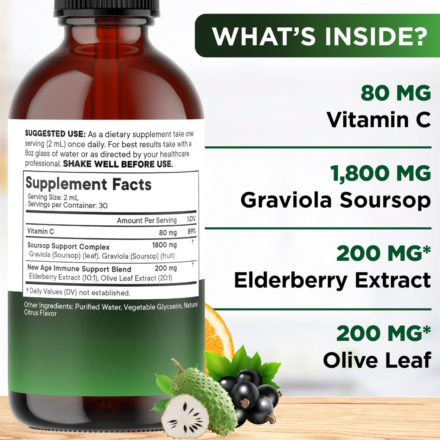 NEW AGE Soursop Drops - Soursop Bitters Liquid with Soursop Fruit and Leaves, Elderberry, Vitamin C and Olive Leaf - Multimineral & Vitamins Superfood - 2 oz