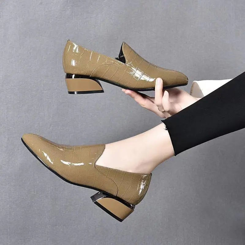 New Genuine Leather Pointed-toe Chunky Heel Shoes Women