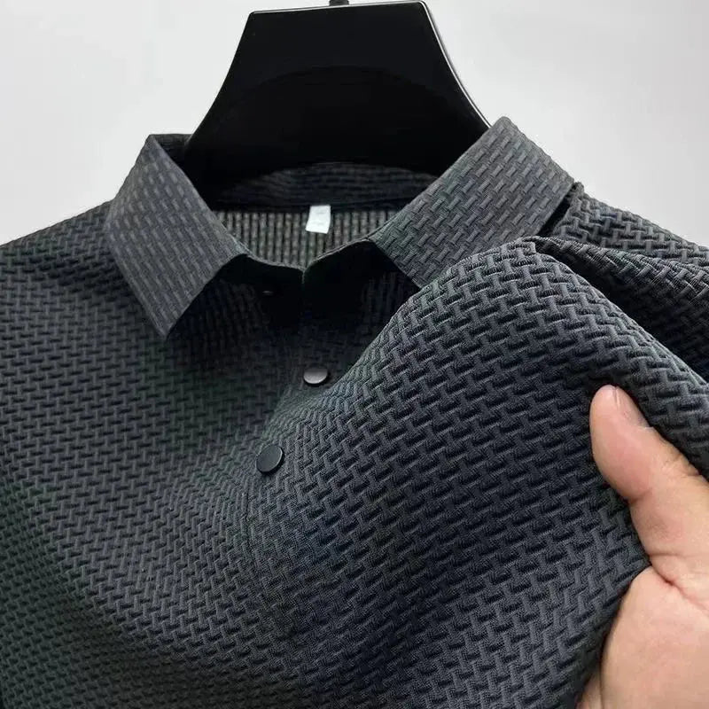 New Men’s Business Casual Short Sleeve Polo Shirt – Bone Flower Solid Color, Breathable & Comfortable Summer Top