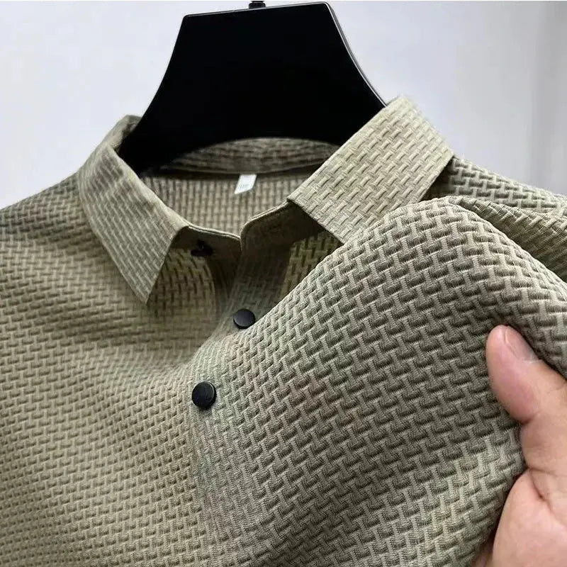 New Men’s Business Casual Short Sleeve Polo Shirt – Bone Flower Solid Color, Breathable & Comfortable Summer Top