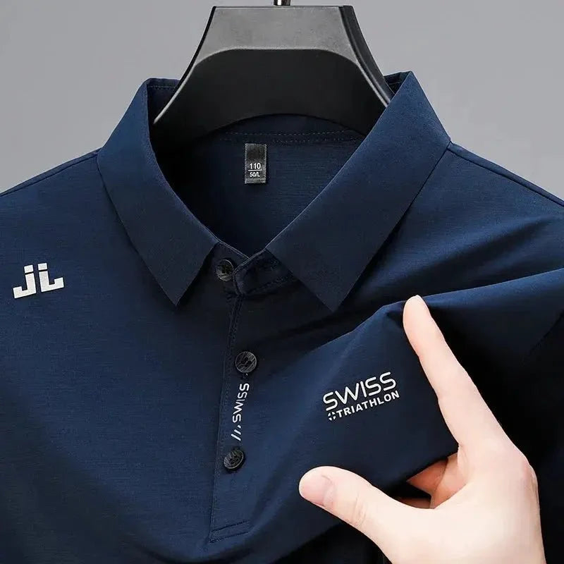 New Men's Casual Short Sleeved Shirt with Badge Solid Color Polo Shirt Versatile Top